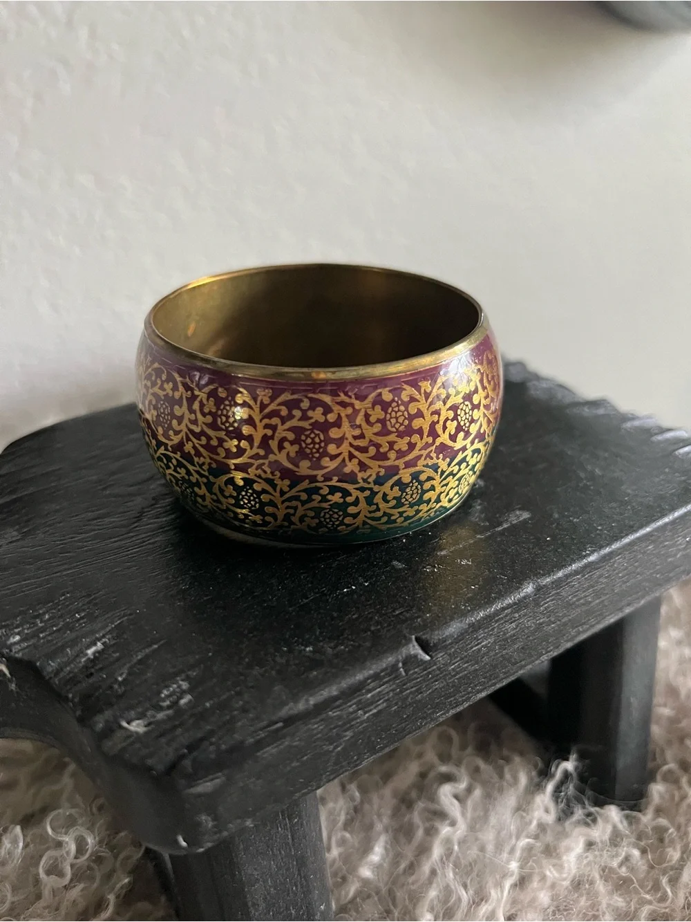 Gold-Tone Purple & Green Enamel Bangle Bracelet Made In India Vintage Brass
